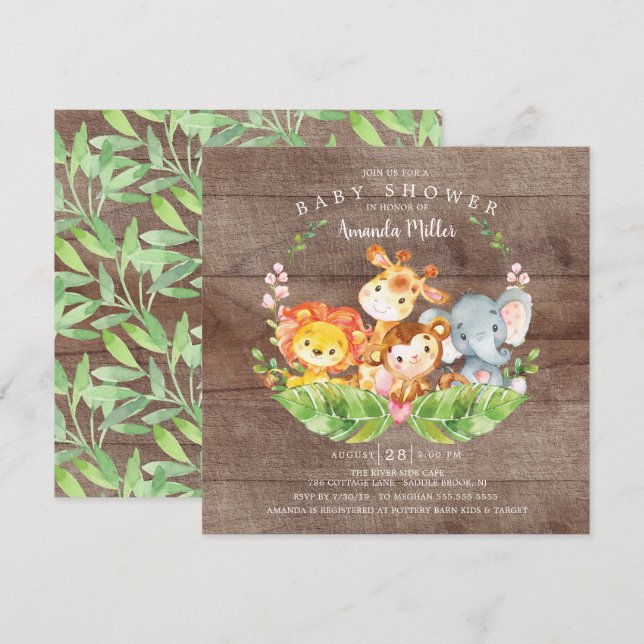 Rustic Sweet Jungle Safari Animals Baby Shower Invitation (Front/Back)