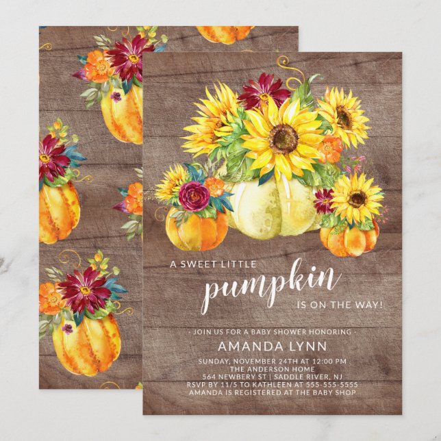 Rustic Sweet Little Pumpkin Neutral Baby Shower Invitation (Front/Back)