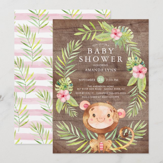 Rustic Sweet Monkey Girl Baby Shower Invitation (Front/Back)