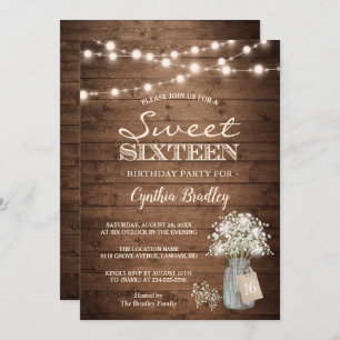 Rustic Sweet Sixteen Baby's Breath String Lights Invitation