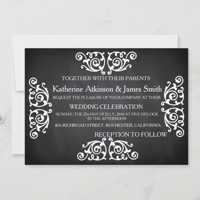 Rustic Swirl Floral Chalkboard Wedding Invitation (Front)