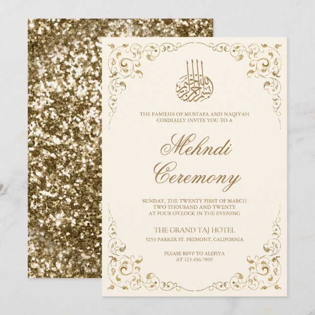 Rustic Swirl Frame Cream and Gold Muslim Mehndi Invitation (Front/Back)