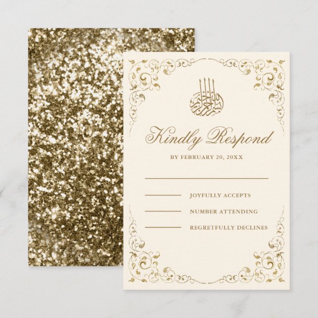 Rustic Swirl Frame Cream and Gold Muslim Wedding RSVP Card (Front/Back)