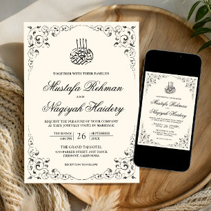 Rustic Swirl Frame Cream Black Muslim Wedding Invitation