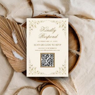 Rustic Swirl Frame Cream Gold QR Code RSVP Wedding Enclosure Card
