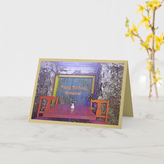 RUSTIC TABLE AND CHAIRS/HAPPY BIRTHDAY/PERSONALIZE CARD (Yellow Flower)