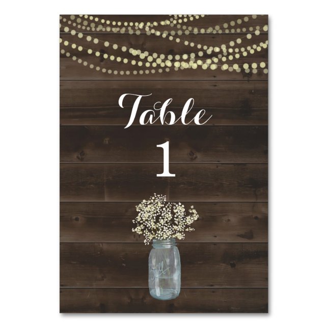 Rustic Table Number Card - Wood & Baby's Breath (Front)