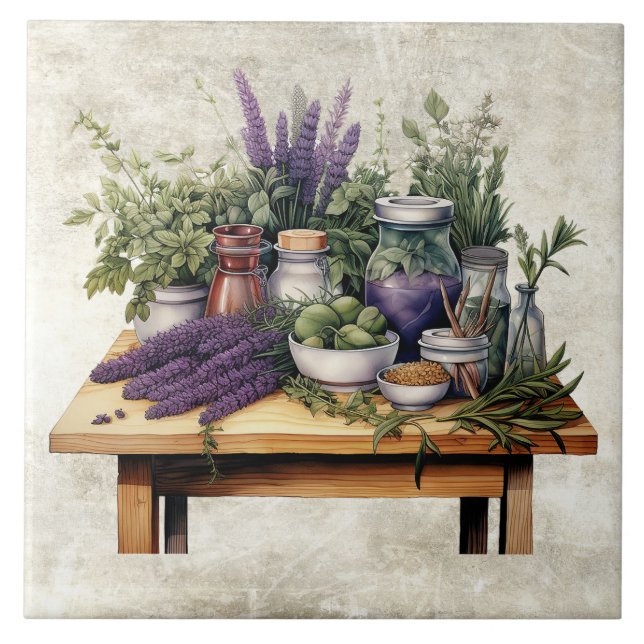 Rustic Table with Herbs Watercolors Tile (Front)