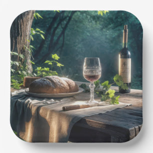 Rustic Table With Wine In A Forest Paper Plate
