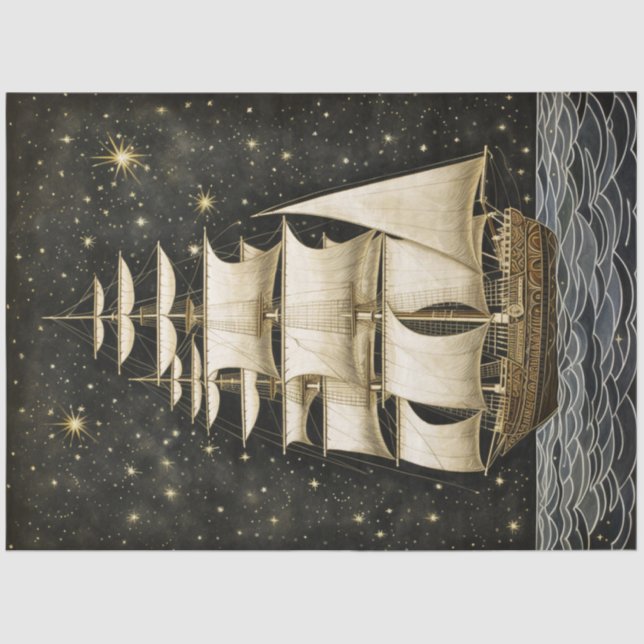 Rustic Tall Ship Gold & Black Decoupage     Tissue Paper (Front)