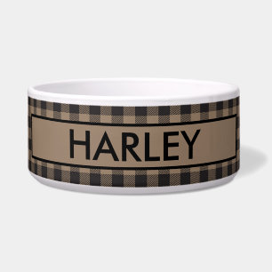 Rustic Tan Black Buffalo Plaid Ceramic Pet Bowl