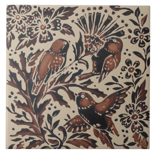 Rustic Tan Brown Birds & Thistle Flowers Nature Tile (Front)