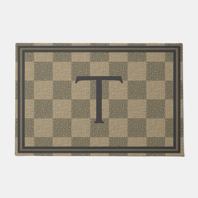Rustic Tan Brown Buffalo Plaid Monogram Doormat (Front)