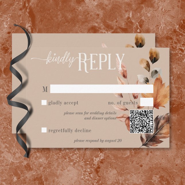 Rustic Tan Cream & Brown Fall Floral QR Code RSVP Card (Rustic Tan Cream & Brown Fall Floral QR Code RSVP Card)