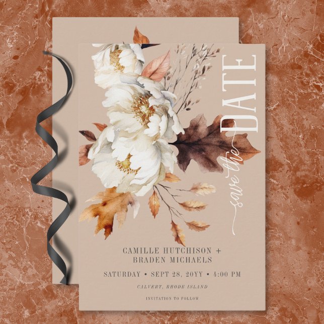 Rustic Tan Cream & Brown Fall Floral Save The Date (Rustic Tan Cream & Brown Fall Floral Save The Date)