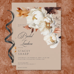 Rustic Tan & Cream Fall Floral & Leaves Luncheon Invitation
