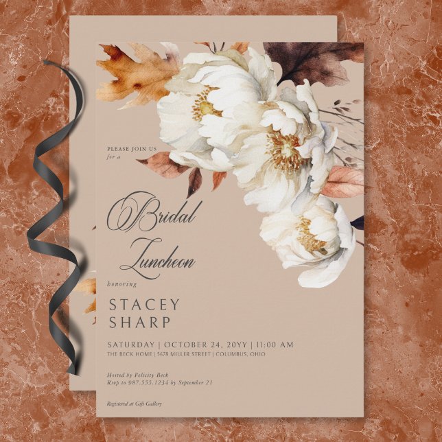 Rustic Tan & Cream Fall Floral & Leaves Luncheon Invitation (Rustic Tan & Cream Fall Floral & Leaves Luncheon Invitation)