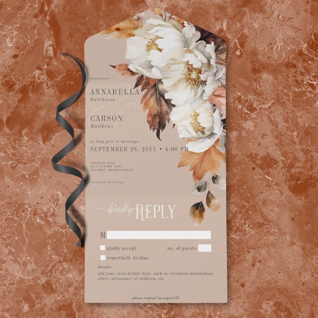Rustic Tan & Cream Fall Floral & Leaves No Dinner All In One Invitation (Rustic Tan & Cream Fall Floral & Leaves No Dinner All In One Invitation)
