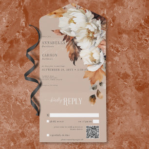 Rustic Tan & Cream Fall Floral & Leaves QR Code All In One Invitation