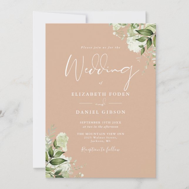 Rustic Tan Floral QR Code Wedding Invitation (Front)