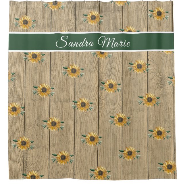 Rustic Tan Green Golden Yellow Sunflower  Wood | Shower Curtain (Front)