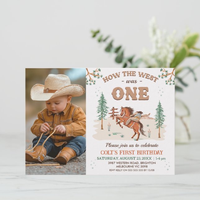 Rustic Tan Photo How West Was One 1st Birthday  Invitation (Standing Front)