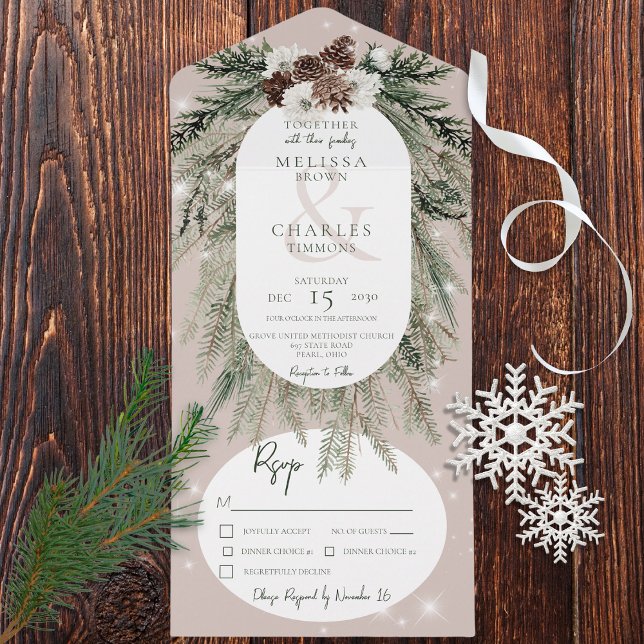 Rustic Tan Pine Winter Sparkle Dinner All In One Invitation (Also available with a QR code or without dinner selection options.)