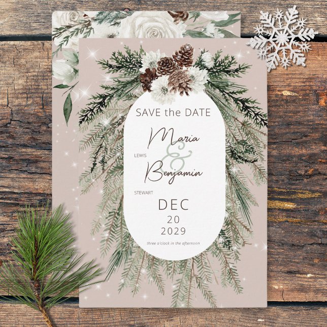 Rustic Tan Pine Winter Sparkle Wedding Save The Date (Tropical Palm Trees Modern Wedding Save The Date)