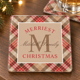 Rustic Tan Red Tartan Plaid Christmas Monogram Glass Coaster