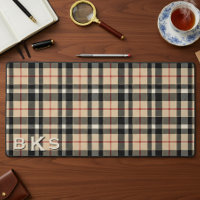 Rustic Tan White & Black Tartan Plaid Monogram