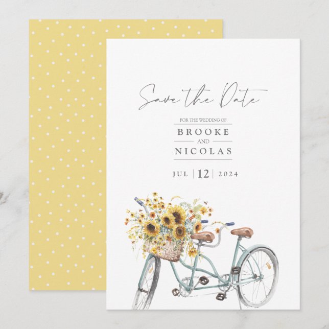 Rustic Tandem Bicycle Sunflower Watercolor Wedding Save The Date (Front/Back)