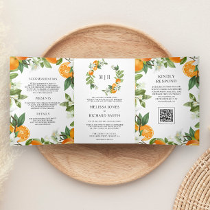 Rustic Tangerine Citrus Orange QR Code Wedding Tri-Fold Invitation