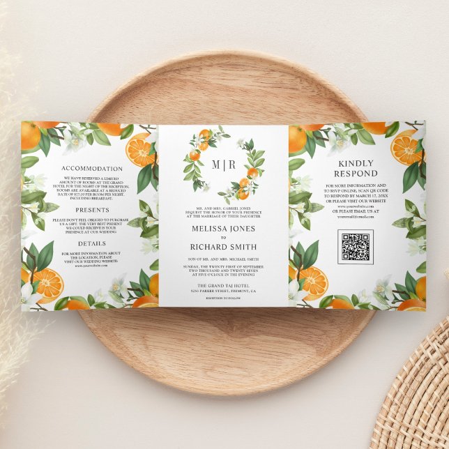 Rustic Tangerine Citrus Orange QR Code Wedding Tri-Fold Invitation (Creator Uploaded)