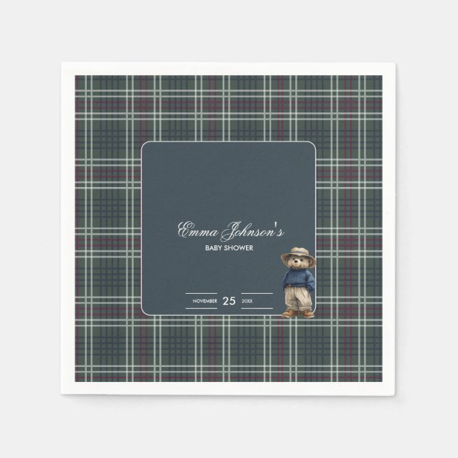 Rustic Tartan Bear Baby Shower Napkin (Front)