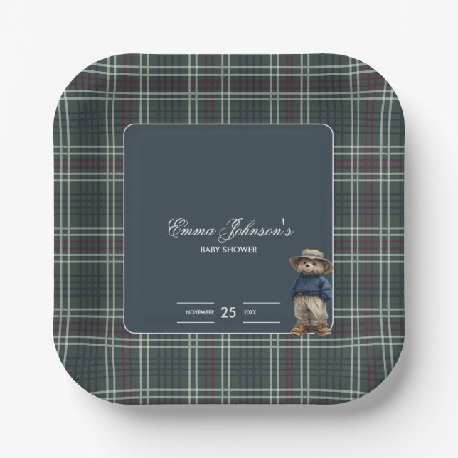Rustic Tartan Bear Baby Shower Paper Plate (Front)