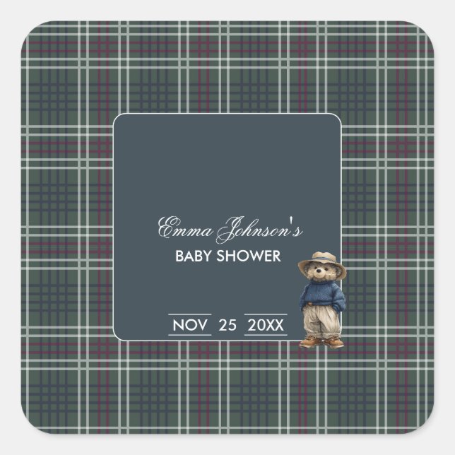 Rustic Tartan Bear Baby Shower Square Sticker (Front)
