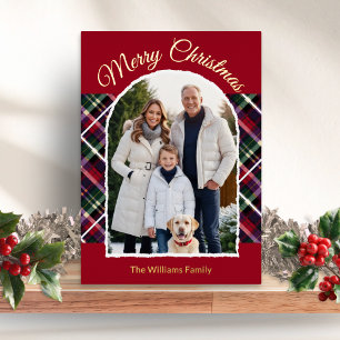 Rustic Tartan Plaid Arch Photo Merry Christmas Foil Holiday Card
