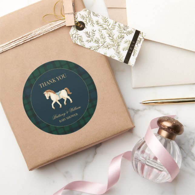 Rustic Tartan Plaid Horse Baby Shower  Classic Round Sticker (Gifting)