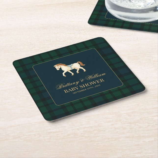 Rustic Tartan Plaid Horse Baby Shower  Square Paper Coaster (Angled)