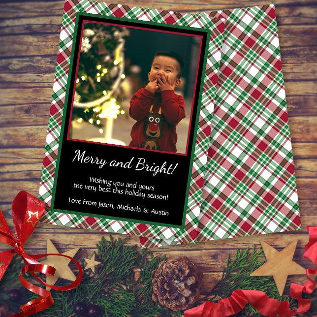 Rustic Tartan Plaid Merry & Bright Photo Christmas Holiday Card (In Situ with Decorations)