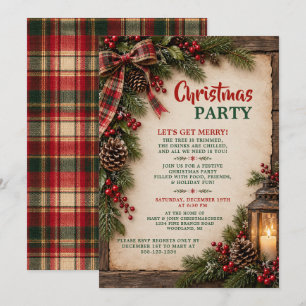 Rustic Tartan Plaid Pine Holly Christmas Party Invitation