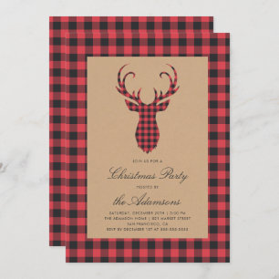 Rustic Tartan Plaid Reindeer Christmas Party Invitation