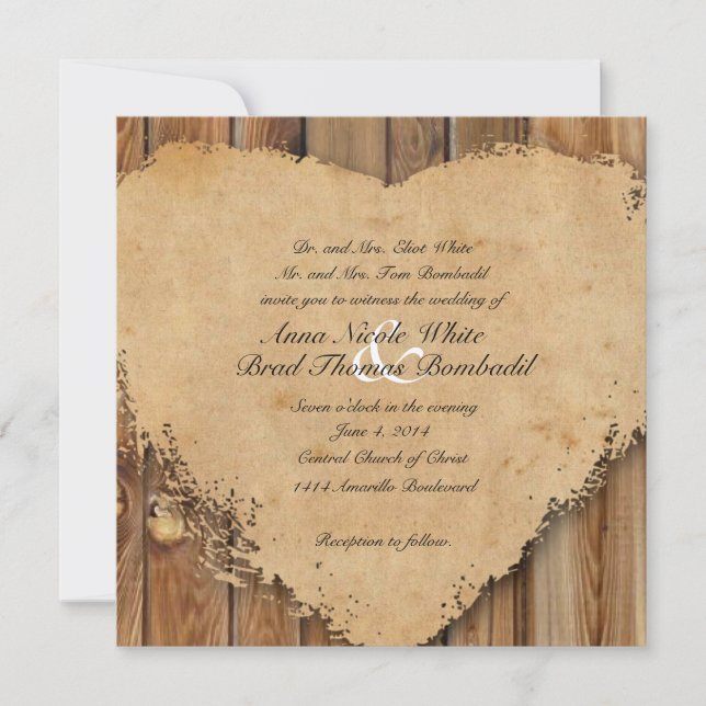 Rustic Tattered Heart Wood Look Country Wedding Invitation (Front)