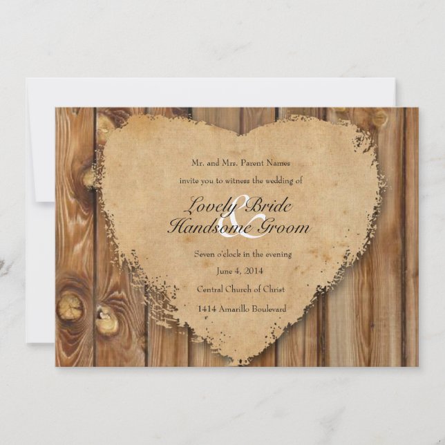 Rustic Tattered Heart Wood Look Country Wedding Invitation (Front)