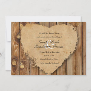 Rustic Tattered Heart Wood Look Country Wedding Invitation