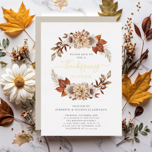 Rustic Taupe Fall Floral Thanksgiving Dinner Gold