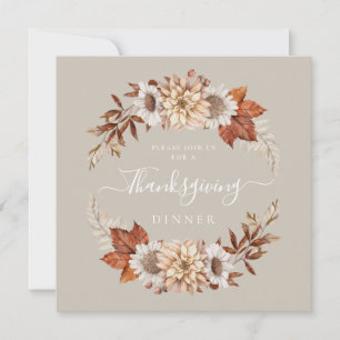 Rustic Taupe Fall Floral Thanksgiving Dinner Invitation