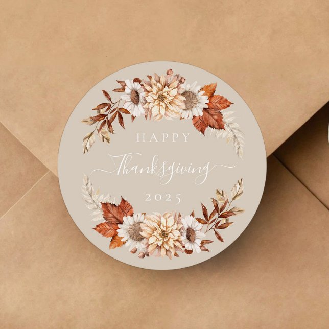 Rustic Taupe Fall Leaves Happy Thanksgiving  Classic Round Sticker (Rustic Taupe Fall Leaves Happy Thanksgiving Classic Round Sticker)