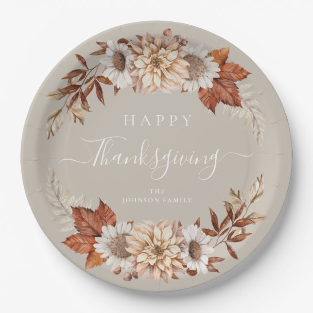 Rustic Taupe Fall Leaves Happy Thanksgiving Paper Plate (Front)