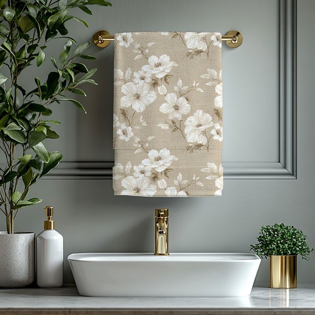 Rustic Taupe White Flowers Neutral Bath Towel (Rustic Taupe White Flowers Neutral Bath Towel)